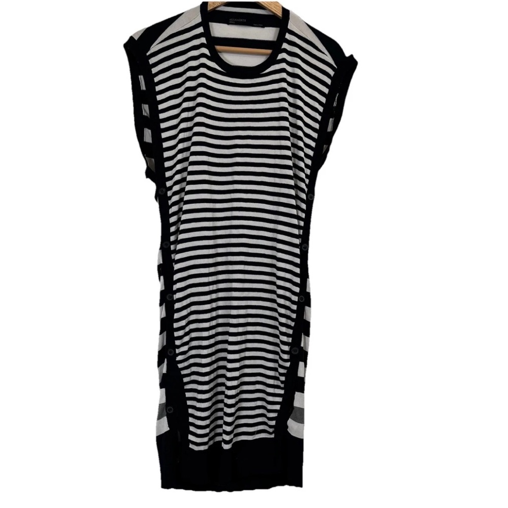 AllSaints Women’s S Alna‎ Stripe Ink Knit Dress Side Buttons Sleeveless Casual